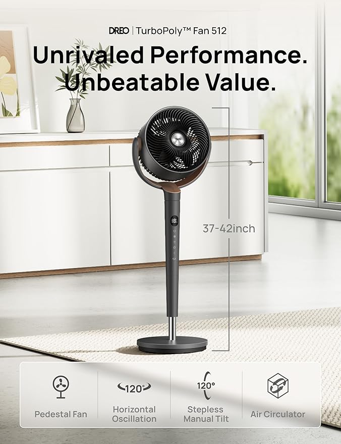Dreo Fan for Bedroom, 120° Oscillating Standing Fans, Quiet Floor Fan with DC Motor, 100ft Pedestal Fans for Room, 9 Speeds, 4 modes, 20dB, 120° Manual Vertical, 37-42" Adjustable Height, 9H Timer-Ruum Studio Home