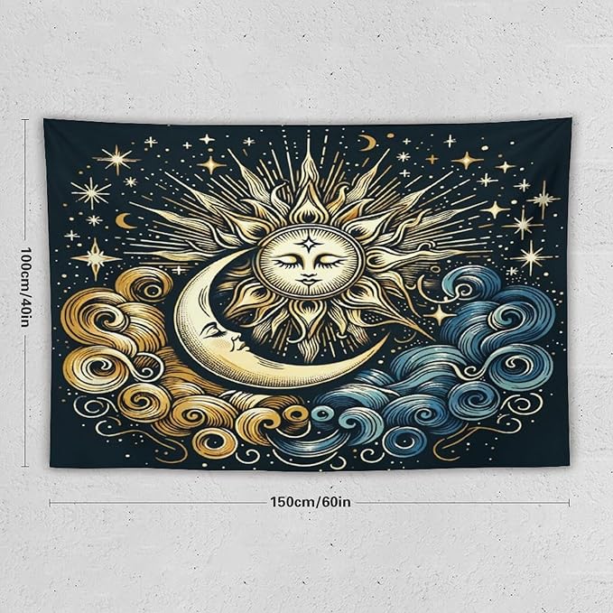 HZOHNAGO Sun Moon Tapestry Boho Golden Stars Pattern Printed Wall Tapestry Wall Hanging for Bedroom Living Room Dorm 60" W x 40" H-Ruum Studio Home