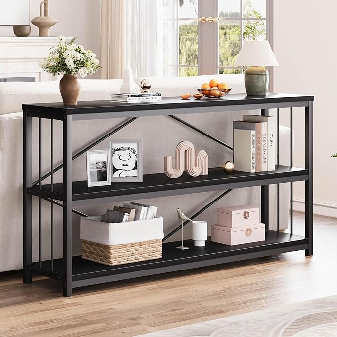 LVB Black Console Table, Modern Entryway Table for Hallway Living Room, Industrial Sofa Table Behind Couch, Farmhouse Wooden Metal Entry Table for Foyer with 3-Tier Storage Shelves, Black Oak, 55 Inch-Ruum Studio Home
