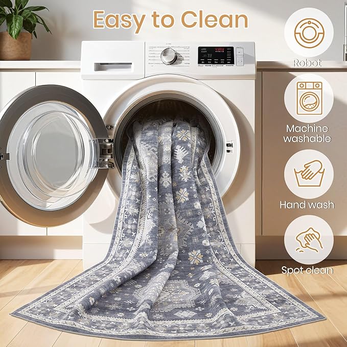 Washable Area Rugs for Living Room -9x12 Neutral Vintage Distressed Floral Farmhouse Boho Large Soft Floor Rug Indoor Non Slip Carpet for Living Room Bedroom Dining Room Office - Denim Blue/Grey-Ruum Studio Home