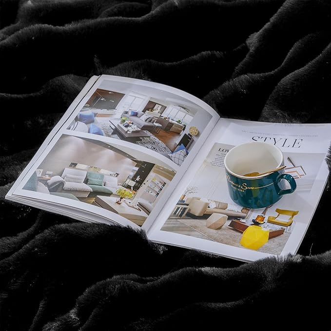 Black Fluffy Thick Fur Throw Blanket 50x60 for Bed Couch Office Chair Bunny Soft Blanket for Adults Gift Home Living Room Decorative Decor 860 GSM-Ruum Studio Home