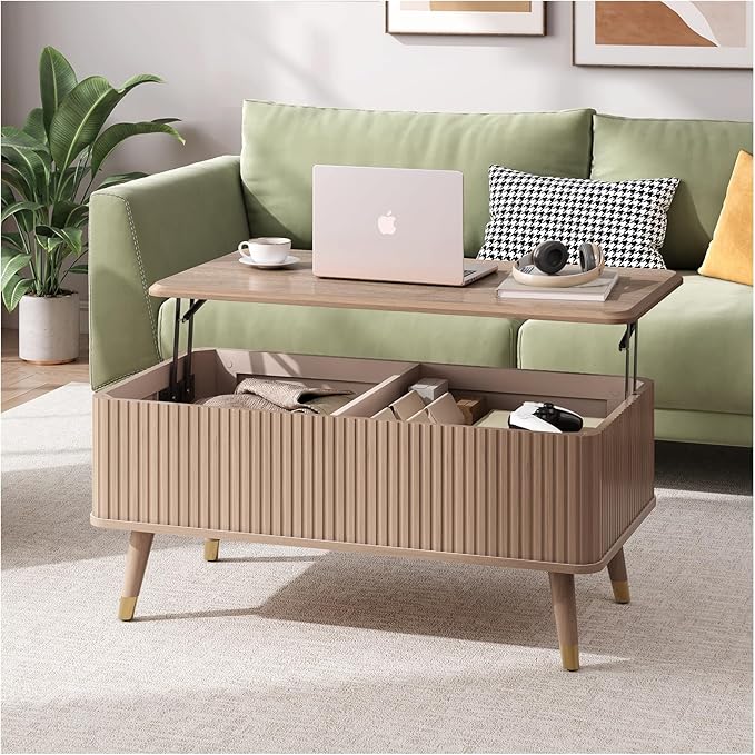 Lift Top Coffee Table with Storage Shelf & Hidden Compartment, Mid Century Modern Fluted Rectangle Dining Table for Living Room, Home Office, Natural Oak-Ruum Studio Home