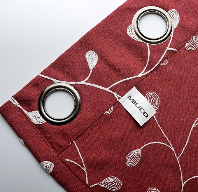 MIUCO Floral Embroidered Semi Sheer Curtains Faux Linen Grommet Curtains for Living Room 52 x 63 Inch 2 Panels, Burgundy-Ruum Studio Home