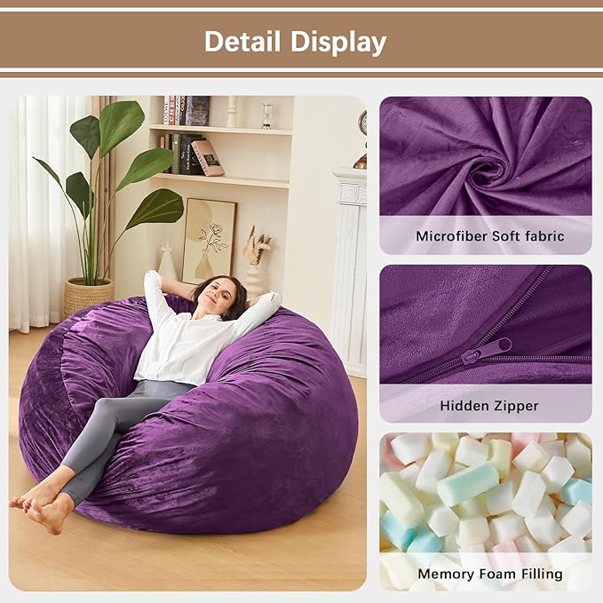 Bean Bag Chairs for Adults - Memory Foam Furniture BeanBag Chair - Kids/Teens Sofa with Soft Micro Fiber Cover - Round Fluffy Couch for Living Room Bedroom College Dorm - 4 ft, Purple-Ruum Studio Home