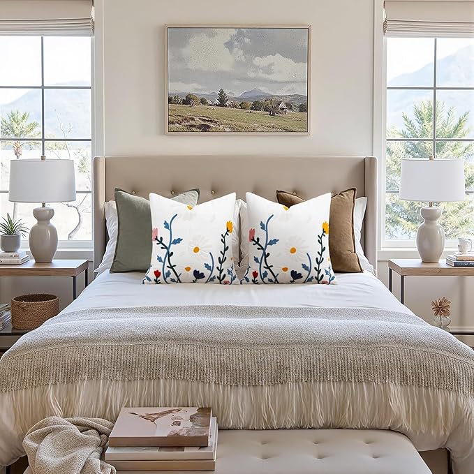 Merrycolor Embroidered Pillow Covers 18x18 Flower Pattern Decorative Throw Pillow Covers Comfortable Cotton Canvas Square Cushion Cases for Sofa Bed Living Room Decor-Ruum Studio Home