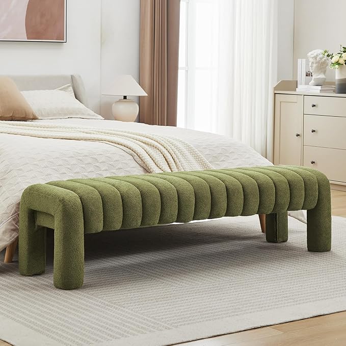 63" Bedroom Bench, Upholstered Entryway Bench, Modern End of Bed Ottoman with Solid Wood Legs and Adjustable Foot Pegs for Entryway, Dining Room and Living Room, 440lbs (Green Boucle)-Ruum Studio Home