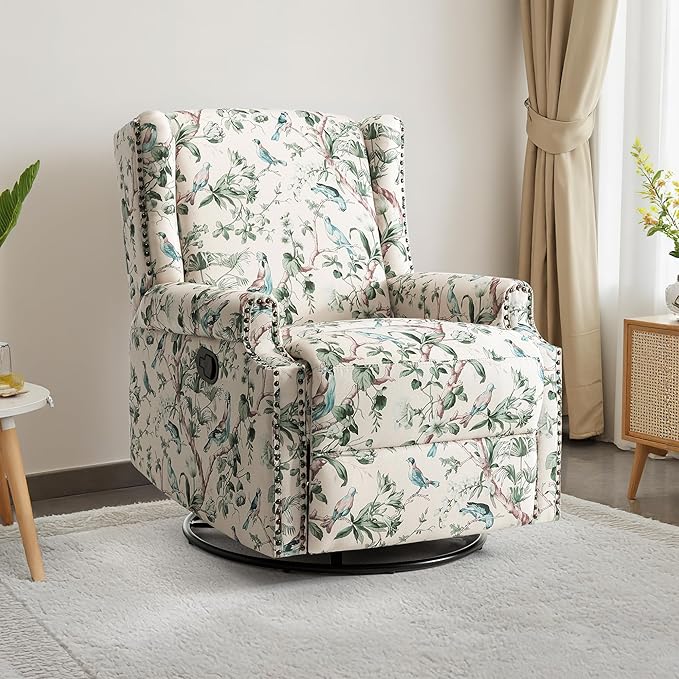UIXE Swivel Rocker Manual Recliner Chair, Wingback Swivel Glider Fabric Nursery Reclining Sofa Chair, High Back Upholstered Arm Chair for Living Room Bedroom - Bird Pattern-Ruum Studio Home