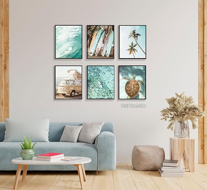 EVPYXFUT Set of 6 Tropical Beach Canvas Wall Art Surf Poster Summer Ocean Coastal Pictures Turtle Print Palm Tree Surfboard Gallery Paintings Nautical Bus Wall Decor for Bedroom Bathroom Unframed-Ruum Studio Home
