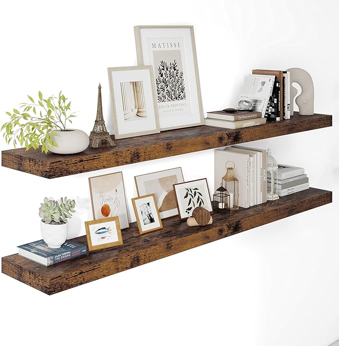 12" Deep Floating Shelves for Wall 55 Inches Long, Heavy Duty Wall Shelves for Bedroom Bathroom Kitchen Laundry Room, Farmhouse Rustic Shelves for Home Decor, 55" X 12" X 2" Set Of 2, Rustic Brown-Ruum Studio Home
