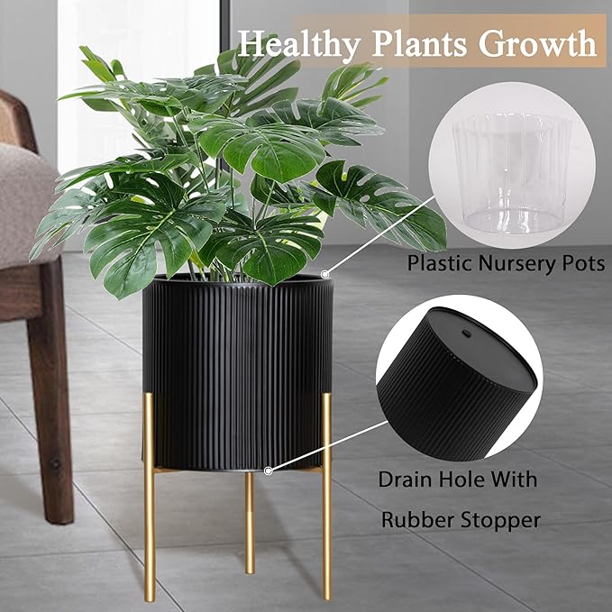 ARNIS Modern Planter Pots, Set of 2 Round Large Planters with Stand, Decorative Planters, Metal Pots with Drainage Holes for Living Room, Office, Garden or Balcony, 8.25 &10.5 Inch, Black & Gold-Ruum Studio Home