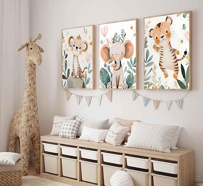 3 Pcs Safari Animals Nursery Canvas Wall Art Jungle Animals Cheetah Elephant Tiger Kids Room Illustration Pictures Wall Decor Posters Print Artwork for Classroom Boy's Girl's Room Bedroom-Ruum Studio Home