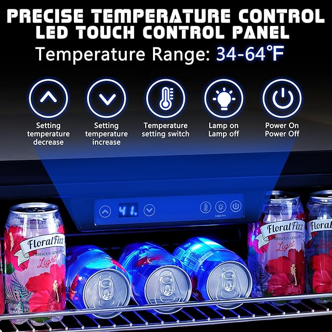 Albott Beverage Refrigerator-24 In fridge with Glass Door, Adjustable Shelves and LED Touch Panel, Under Counter Design for Wine Beer, Built-In or Freestanding Use, 34-64℉-Ruum Studio Home