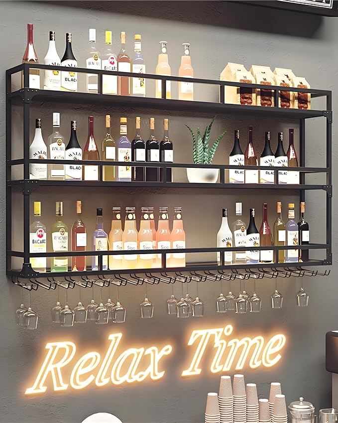 59" Large Wine Rack Wall Mounted with Bottle Glass Holder, 3-Tiers Metal Liquor Floating Shelves with LED Light, Wall Bar Shelf for Home, Restaurant, Commercial Bar, Kitchen Storage Display-Ruum Studio Home