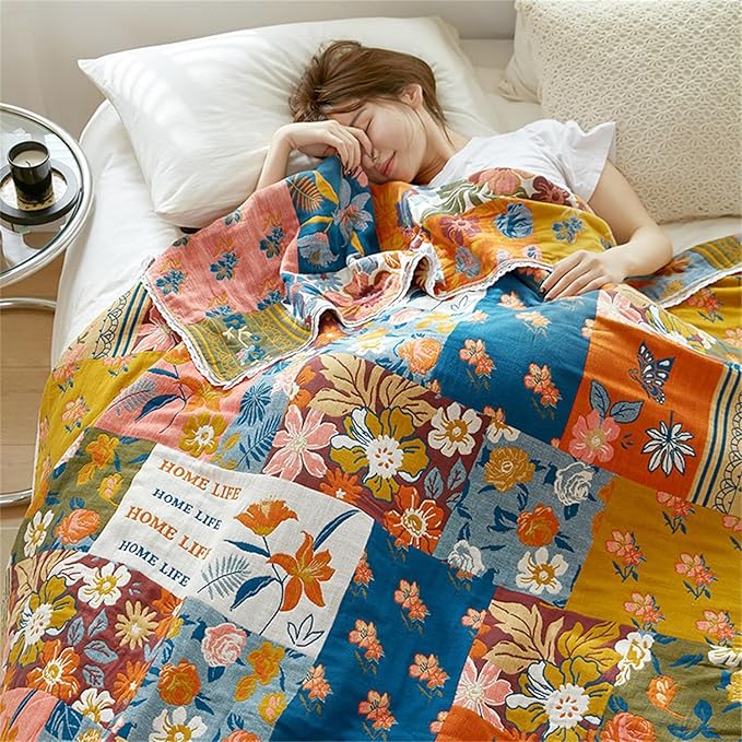 Throw Blanket for Couch Bed, 100% Cotton Muslin 60''x80'' Travel Bed Blankets Mexican Boho Quilt Flowers Blanket Lightweight Blanket Soft Warm Throws Gifts for Women Mom-Ruum Studio Home