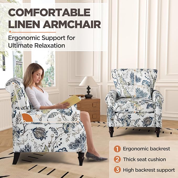 Wingback Accent Chair with Removable Pillow, High Back Floral Armchair with Solid Wood Legs & Nailhead Trim, Comfy Upholstered Reading Single Sofa Chair for Bedroom (2, Blue Floral Pattern)-Ruum Studio Home