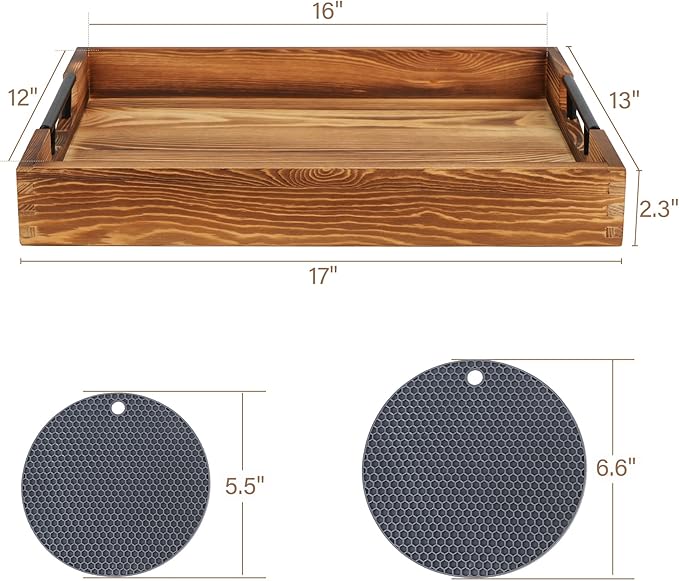 LotFancy Large Ottoman Tray for Living Room, 17x13'' Wood Serving Tray with Handles, Home Décor for Coffee Table, Sofa, 2 Skidproof Coasters Included-Ruum Studio Home