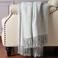 CUDDLE DREAMS Silk Throw Blanket with Hand-Knotted Fringe, Natural, Soft & Breathable (Herringbone Blue)-Ruum Studio Home