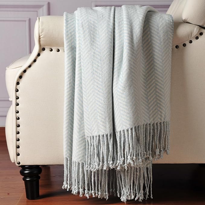 CUDDLE DREAMS Silk Throw Blanket with Hand-Knotted Fringe, Natural, Soft & Breathable (Herringbone Blue)-Ruum Studio Home