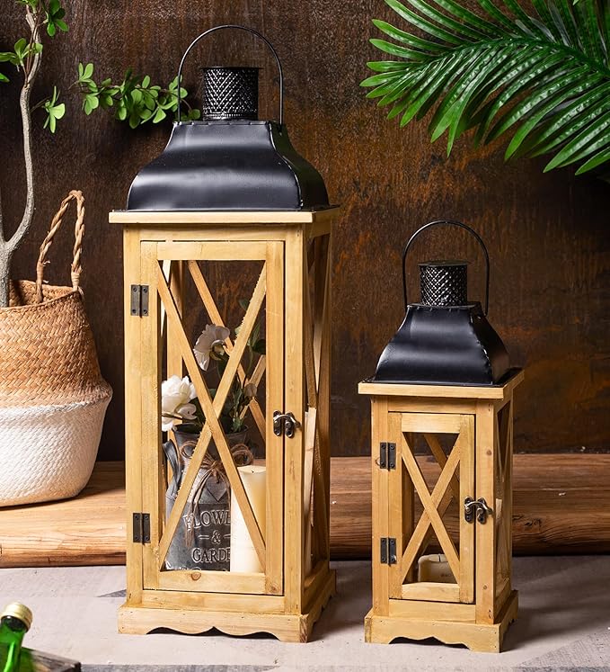 Farmhouse Wooden Metal Candle Lantern Set of 2, Rustic Large Decorative Floor Lanterns, Indoor/Outdoor Hurricane Lantern for Home Decor (No Glass)-Ruum Studio Home
