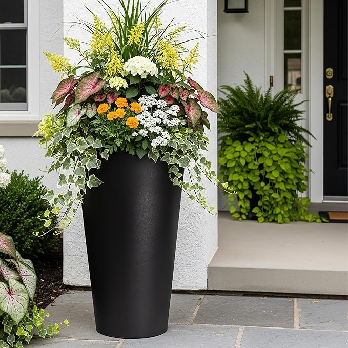 2-Pack 28" Tall Metal Planters - Heavy-Duty Round Flower Pots with Built-in Drainage + Rustic Industrial Finish, All-Climate Deck & Patio Ready Indoor/Outdoor Multi-Scene Garden Vessels-Ruum Studio Home