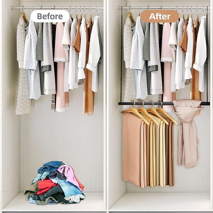 STORAGE MANIAC Hanging Closet Rod, Adjustable Width and Height Closet Hanging Organizer, Space-Saving Clothes Hanging Bar, Closet Extender Hanging Rod Double Closet Hanging Rod, 1 Pack Black-Ruum Studio Home
