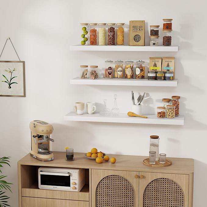 White Floating Shelves Wall Shelf 40 Inch, 8 Inch Deep Floating Shelf for Wall, Farmhouse Black Wood Shelves Invisible Bracket for Living Room, Bedroom, Kitchen, 40 x 8 x 1.4 Inch, Set of 2-Ruum Studio Home