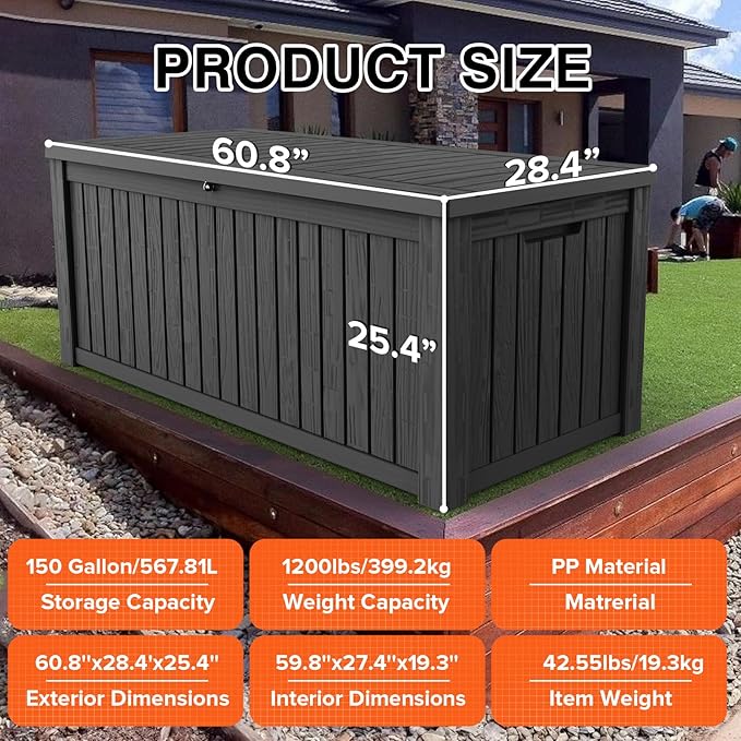 150 Gallon Double-Wall Resin Deck Box - Lockable Waterproof Outdoor Storage Box, 1000lbs Capacity & Doubles as Seating for Patio Furniture - Garden Tools, Pool Accessories (Black)-Ruum Studio Home
