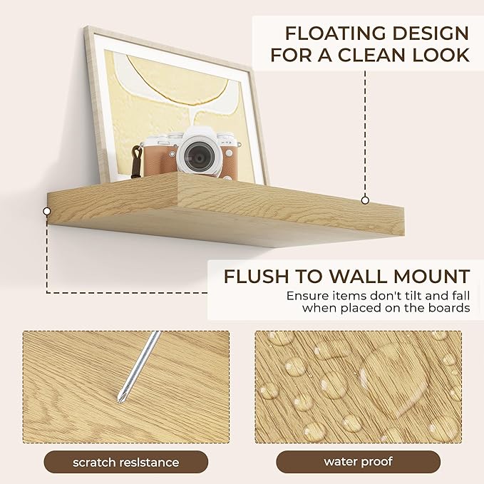 RICHFOCUS 16Inch Floating Shelves for Wall 2 Pack Shelves for Bedroom|Kitchen|Bathroom Wall Mounted Rustic Wood Floating Shelf with Invisible Brackets for Books|Storage|Decor, Oak-Ruum Studio Home