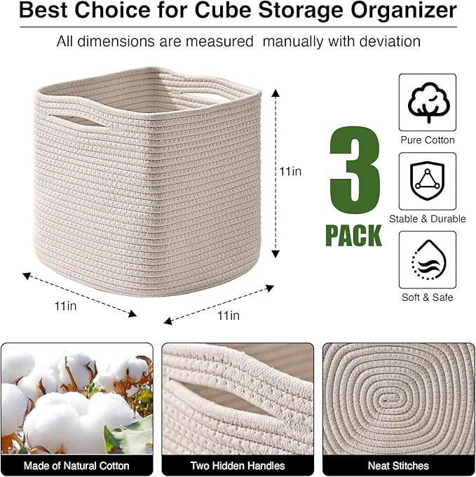11 Inch Cube Storage Bins, Organizer Bins, Woven Cotton Rope Baskets for Storage, Storage Baskets for Organizing Shelves, White Basket for Toys, Off White (Pack of 3)-Ruum Studio Home