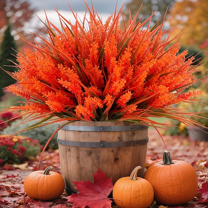 Geegoods 24 Bundles Artificial Fall Flowers Outdoor – Faux Lavender Flowers with Monkey Grass UV Resistant Plastic Faux Plants for Garden Porch Patio Home Decor, Autumn-red Color-Ruum Studio Home