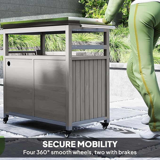 Outsunny Outdoor Grill Cart with Wheels and Storage, Solid Wood Outdoor Kitchen Island with Stainless Steel Top, Movable Bar Cart with Spice Rack, Side Handle, Integrated Hole for BBQ, Gray-Ruum Studio Home