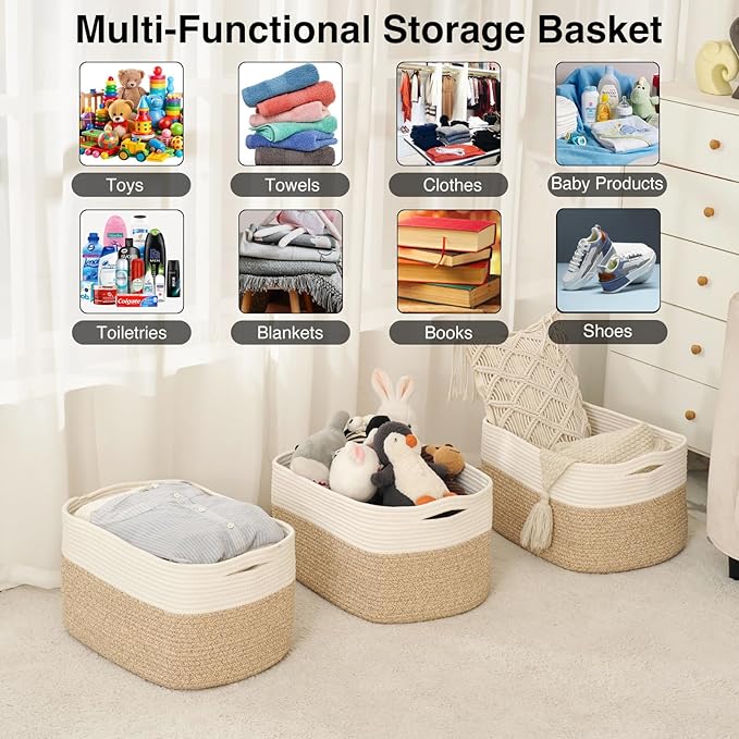 Large Storage Baskets for Organizing Shelves, Woven Cotton Rope Bins for Baby Nursery Organization, Book Toy Towel Organizer, 17"x13"x9.5", 3 Packs, Off White & Brown-Ruum Studio Home