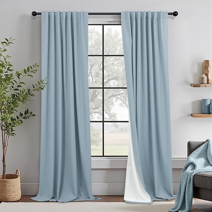 Total Blackout Linen Curtains 96 Inches Long for Bedroom 8 Foot Tall Heavy Thermal Rustic Country Light Blue Black Out Curtains for Living Room Window Drapes Stone Blue Gray Greyish Back Tab 2 Panels-Ruum Studio Home