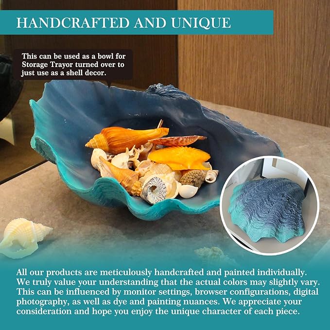 Large Caribbean Blue-Aqua Sea Shells Decorative Bowl Resin Clam Shell Bowl Beach Decorations for Home Coastal Beach Decor Decoration Storage Bowls&Home Office Nautical Themed Party Decor-10.2"-1PC-Ruum Studio Home