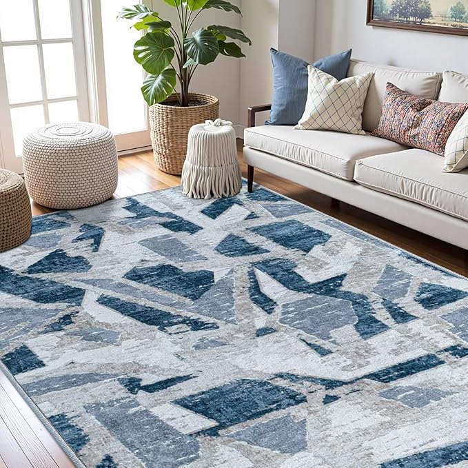 Modern Abstract Blue 5X7 Area Rug for Living Room Bedroom Washable, with Non-Slip Rubber Backing Print Faux Wool Thin, Throw Large Carpet for Kids Playroom Dining Room Pet & Child Friendly-Ruum Studio Home