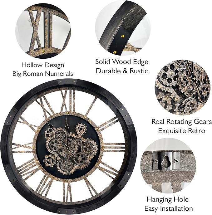DORBOKER 36" Extra Large Wall Clock with Moving Gears, Oversized Giant Industrial Steampunk Rustic Clocks for Wall Decor Living Room Home Office, Solid Wood Vintage Black and Bronze Gears-Ruum Studio Home