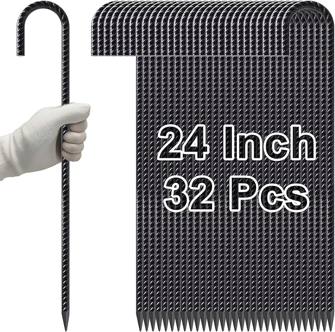 VVOKGO Rebar Stakes 24 Inch J Hook Heavy Duty Ground Anchors (32pcs), 3/8 Inch Diameter Metal Steel Extra Long Fence Stakes with Chisel Point End for Greenhouse, Gazebo, Carport, Camping Tents, Black-Ruum Studio Home