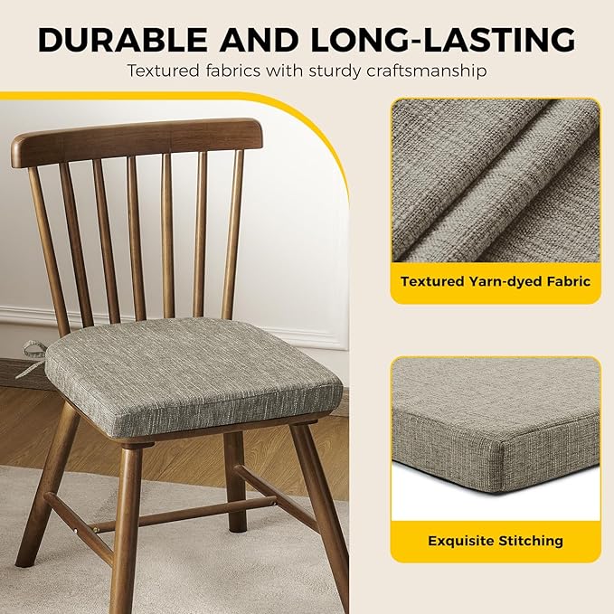 downluxe Indoor Chair Cushions for Dining Chairs, Soft and Comfortable Textured Foam Kitchen Chair Pads with Ties and Non-Slip Backing, 16" x 16" x 2", Khaki, 2 Pack-Ruum Studio Home