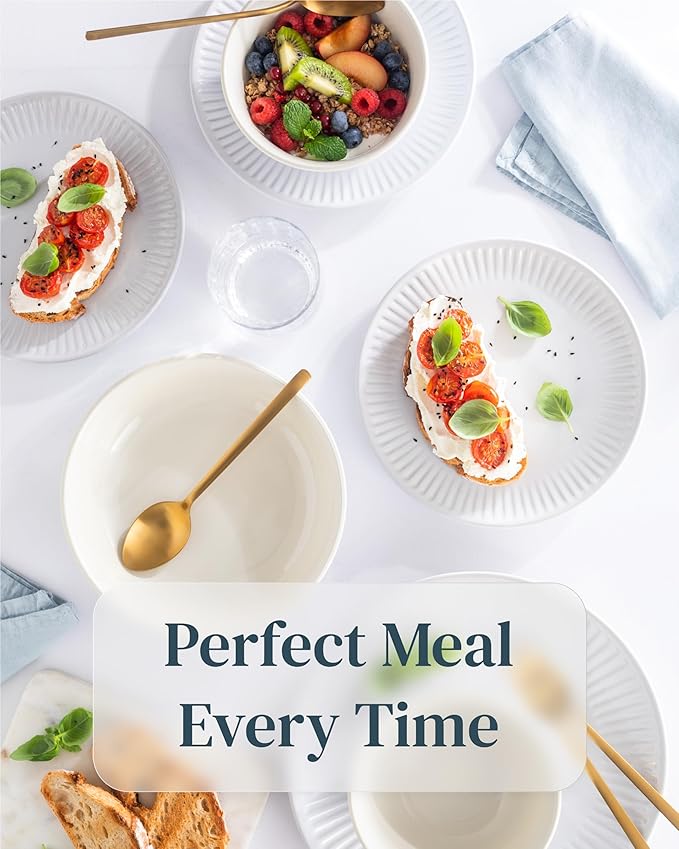 Stoneware Dinnerware Set for 8 People HYGGE 24-Piece - Elegant Scandi Design - Premium Dish Set - Bowl and Plate Set - Tableware for 8 People in a Ribbed Design - Pure Living in White-Ruum Studio Home