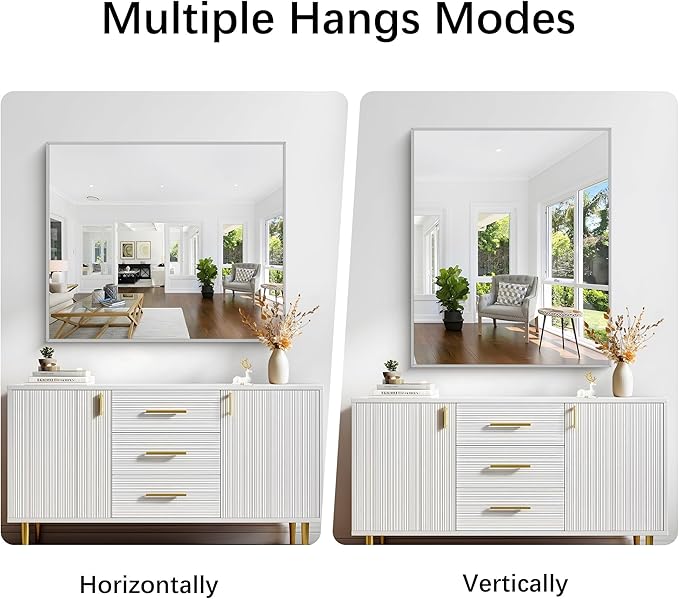 Silver Bathroom Mirror for Wall, 30x36 Inch Rectangle with Metal Frame, Modern Vanity for Bathroom Living Room, Entryway Hangs Horizontal or Vertical-Ruum Studio Home