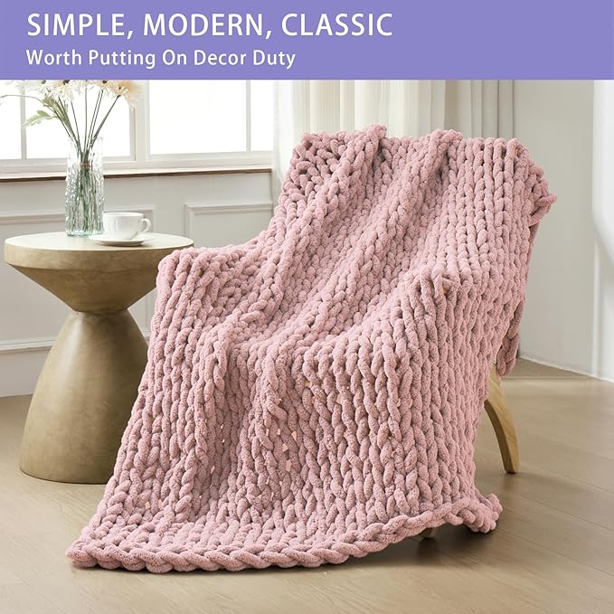 Bigacogo Chunky Knit Throw Blanket for Couch, 60x80 inches, 100% Hand Knitted with Thick Jumbo Chenille Yarn, Cozy Soft Large Rope Knot Cable Crochet Blankets for Sofa Bed Living Room, Dusty Pink-Ruum Studio Home