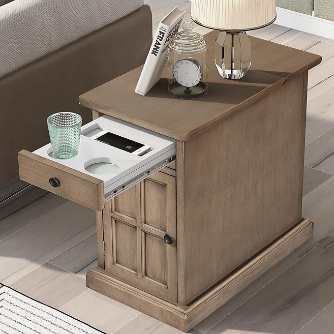Traditional Wood End Table with Charging Station, Modern Vintage Sofa Chair Side Table Nightstand with Storage & Drawer for Living Room Bedroom, No Assembly, Antique Brown-Ruum Studio Home