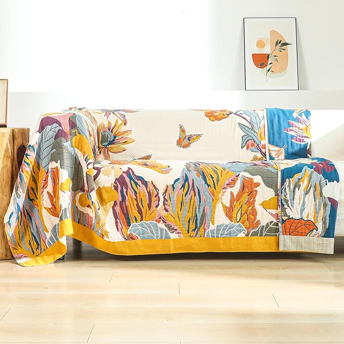 Boho Throw Blanket for Bed,100% Cotton Breathable Muslin Soft Throw, Fall Bed Throw Blanket Floral Bird Butterfly Printed Decor Large Blankets,80"×90" Rustic Farmhouse Throw for Sofa Couch Chair-Ruum Studio Home
