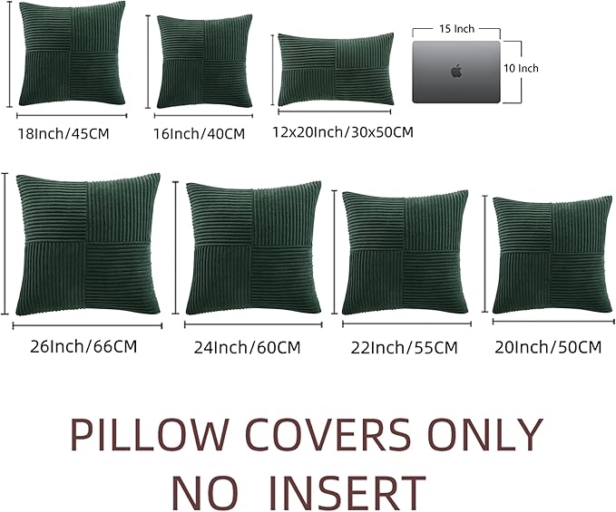 Fancy Homi Set of 2 Dark Green Decorative Throw Pillow Covers 26x26 Inch for Bedroom Couch Bed, Boho Farmhouse Forest Green Home Decor, Soft Corss Corduroy Patchwork Textured Cushion Case 66x66 cm-Ruum Studio Home