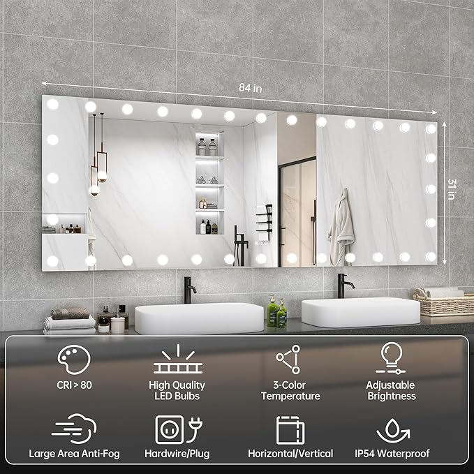 Hasipu LED Bathroom Mirror with Lights, 84" x 31" Hollywood Wall-Mounted Bathroom Mirror with 32 Dimmable Bulbs, 3 Colors Modes, Touch Control, Anti-Fog, Memory Function, Shatter-Proof, ETL Listed-Ruum Studio Home