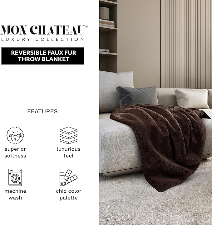 Mon Chateau Luxury Ultimate Plush Faux Fur Throw with 6cm Foldover for Couch, Sofa, or Bed - Plush Ultra Soft Blanket for Sleeping or Home Décor, 60" x 70" (Foldover Brown)-Ruum Studio Home
