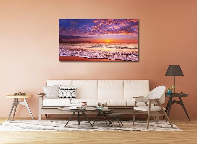 Beach Wall Art Sunset Canvas Pictures, Seascape Theme Art Wall Pictures, Coastal Ocean Wave Paintings,Modern Cloud Artwork for Bedroom Living Room Bathroom Home Office Decorations 20X40 Inches-Ruum Studio Home