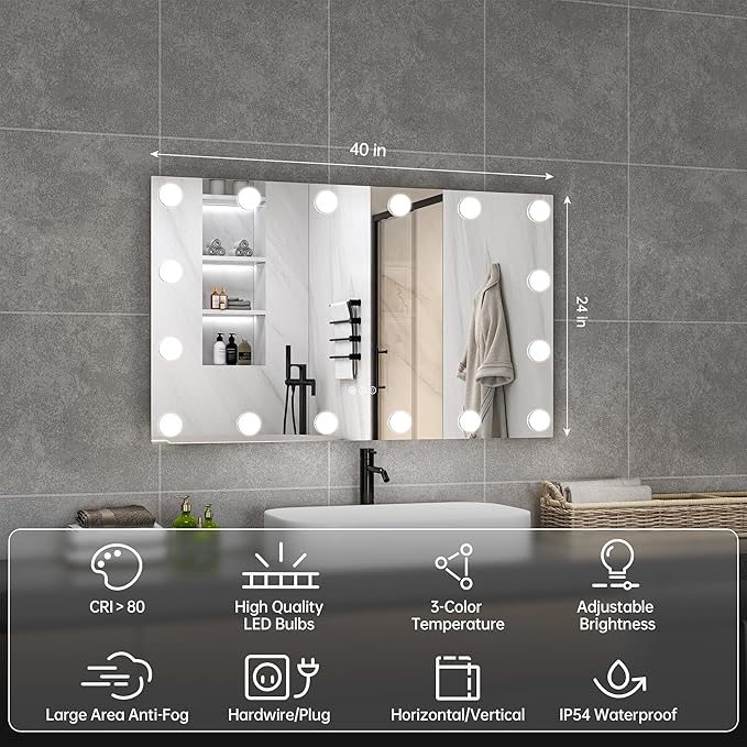 Hasipu LED Bathroom Mirror with Lights, 40" x 24" Hollywood Wall-Mounted Bathroom Mirror with 16 Dimmable Bulbs, 3 Colors Modes, Touch Control, Anti-Fog, Memory Function, Shatter-Proof, ETL Listed-Ruum Studio Home