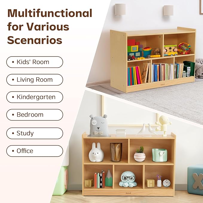 Toy Storage Organizer for Kids Room, Wooden Kids Bookshelf for Classroom, Cube Storage Organizer for Playroom, 5-Section Montessori Bookshelf & Toy Shelf for Nursery-Ruum Studio Home