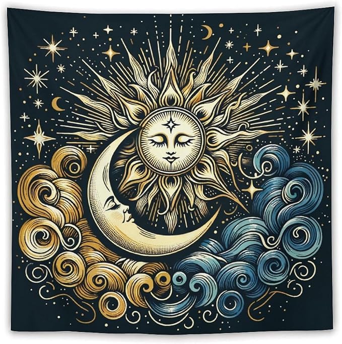 HZOHNAGO Sun Moon Tapestry Boho Golden Stars Pattern Printed Wall Tapestry Wall Hanging for Bedroom Living Room Dorm 60" W x 60" H-Ruum Studio Home